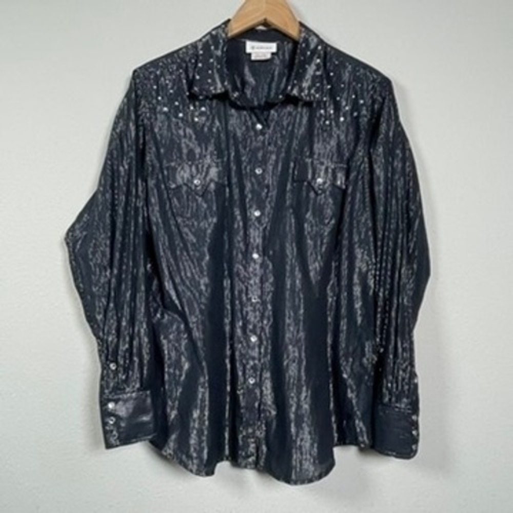 Ariat Western Shirt Women XL Black Silver Metallic Pinstripe Rhinestone Snap